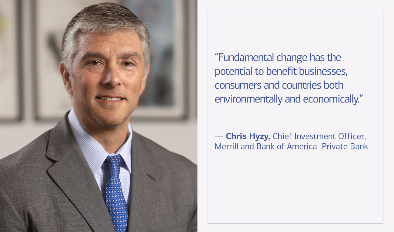 Chris Hyzy, Chief Investment Officer, Merrill and Bank of America Private Bank next to his quote “Fundamental change has the potential to benefit businesses, consumers and countries both environmentally and economically.”