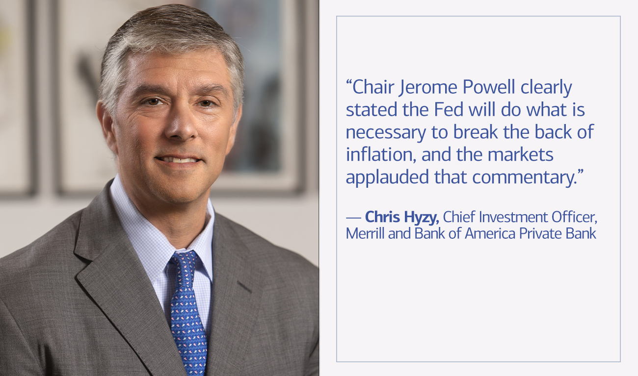 Chris Hyzy, Chief Investment Officer for Merrill and Bank of America Private Bank next to his quote “Chair Jerome Powell clearly stated the Fed will do what is necessary to break the back of inflation, and the markets applauded that commentary.”