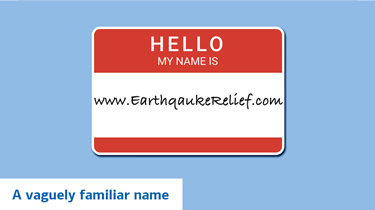 A name tag with a misspelled URL and text that reads “A vaguely familiar name.”