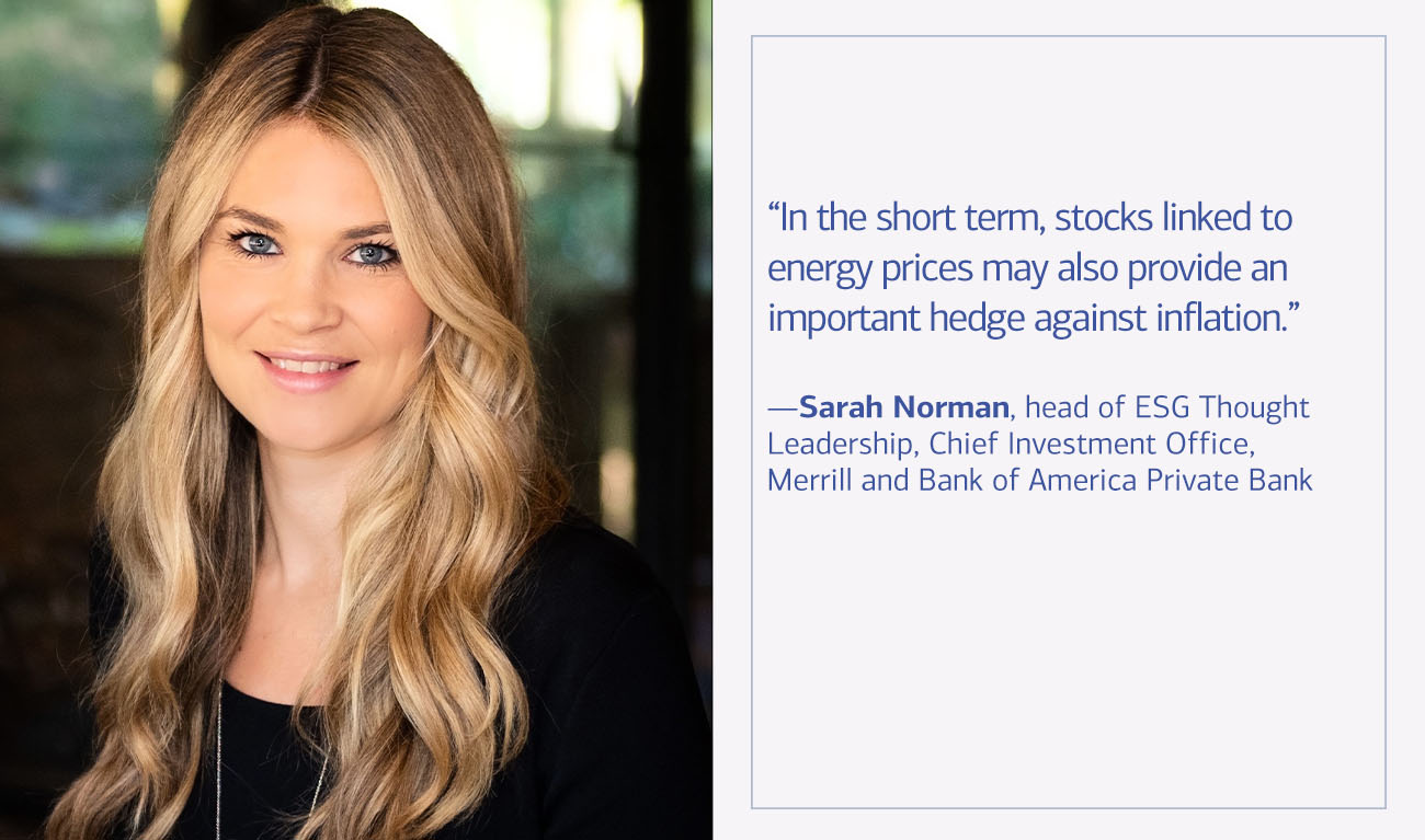 Sarah Norman, head of ESG Thought Leadership, the Chief Investment Office, Merrill and Bank of America Private Bank next to his quote “In the short term, stocks linked to energy prices may also provide an important hedge against inflation.”