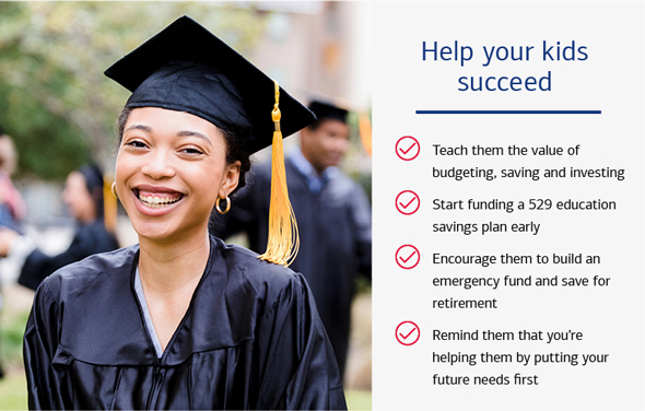 Help your kids succeed: Teach them the value of budgeting, saving and investing. Start funding a 529 education savings plan early. Encourage them to build an emergency fund and save for retirement. Remind them that you’re helping them by putting your future needs first.
