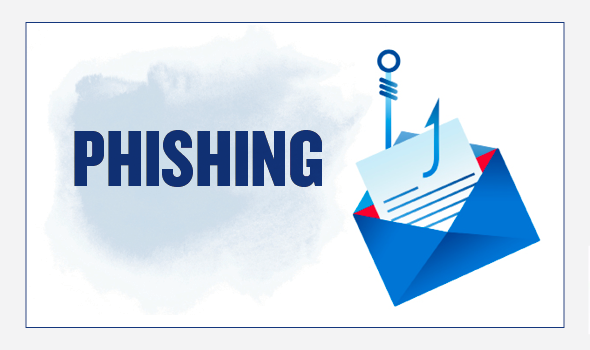 On the left, the header text reads: Phishing. On the right there is an illustration of an open envelope containing a letter. A fishing hook is sticking through the envelope and the letter.
