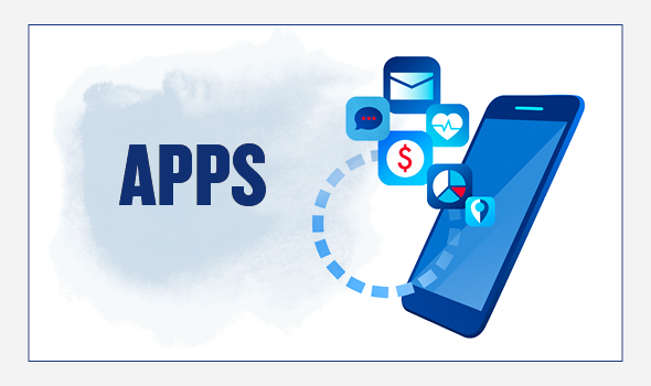 On the left, the header text reads: Apps. On the right there is an illustration of a cell phone. Various apps are floating above the phone, along with a circle connecting some of the apps.