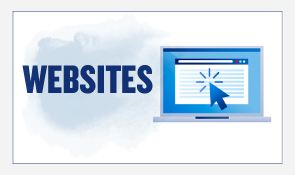 On the left, the header text reads: Websites. On the right there is an illustration of a laptop. A website page is open, and a mouse cursor is clicking on the site.