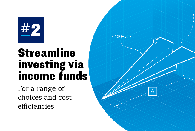 Text on the left reads: #2 Streamline investing via income funds for a range of choices and cost efficiencies. On the right is an illustration of a paper airplane with a dotted line with an A symbol at the bottom of the plane. A line pointing to an equation is on top of the paper plane, along with an I symbol and another dotted line pointing up from the back of the plane.