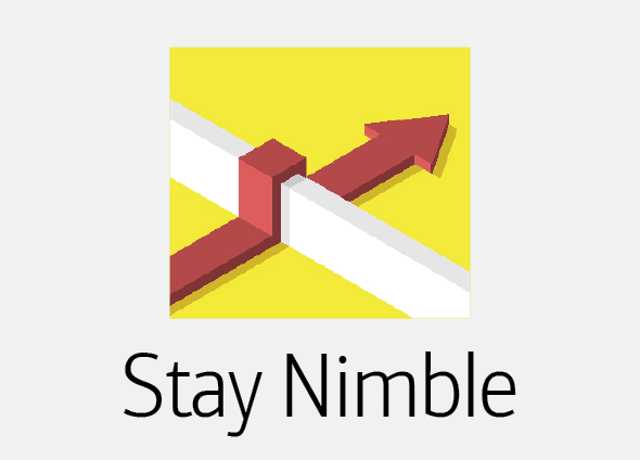 Stay Nimble: Image of an arrow in 3D going over an obstacle and continuing on its path.