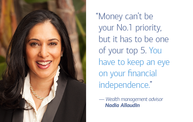 On the left of slide 1 is a photo of wealth management advisor Nadia Allaudin. On the right a quote that reads: “Money can’t be your No.1 priority, but it has to be one of your top 5. You have to keep an eye on your financial independence.” — Wealth management advisor Nadia Allaudin