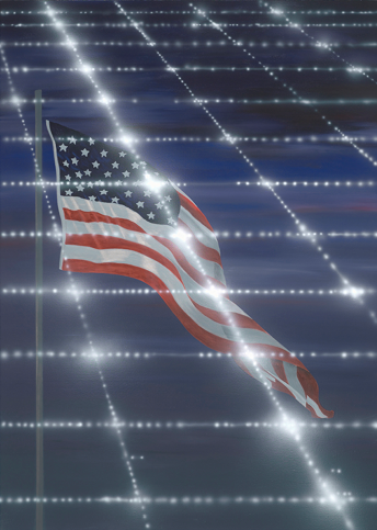 A painting of an American flag flying in the breeze with a grid seemingly composed of small lights superimposed upon it