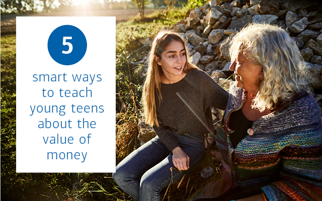Young girl and woman sitting together. Text reads “5 smart ways to teach young teens about the value of money”]